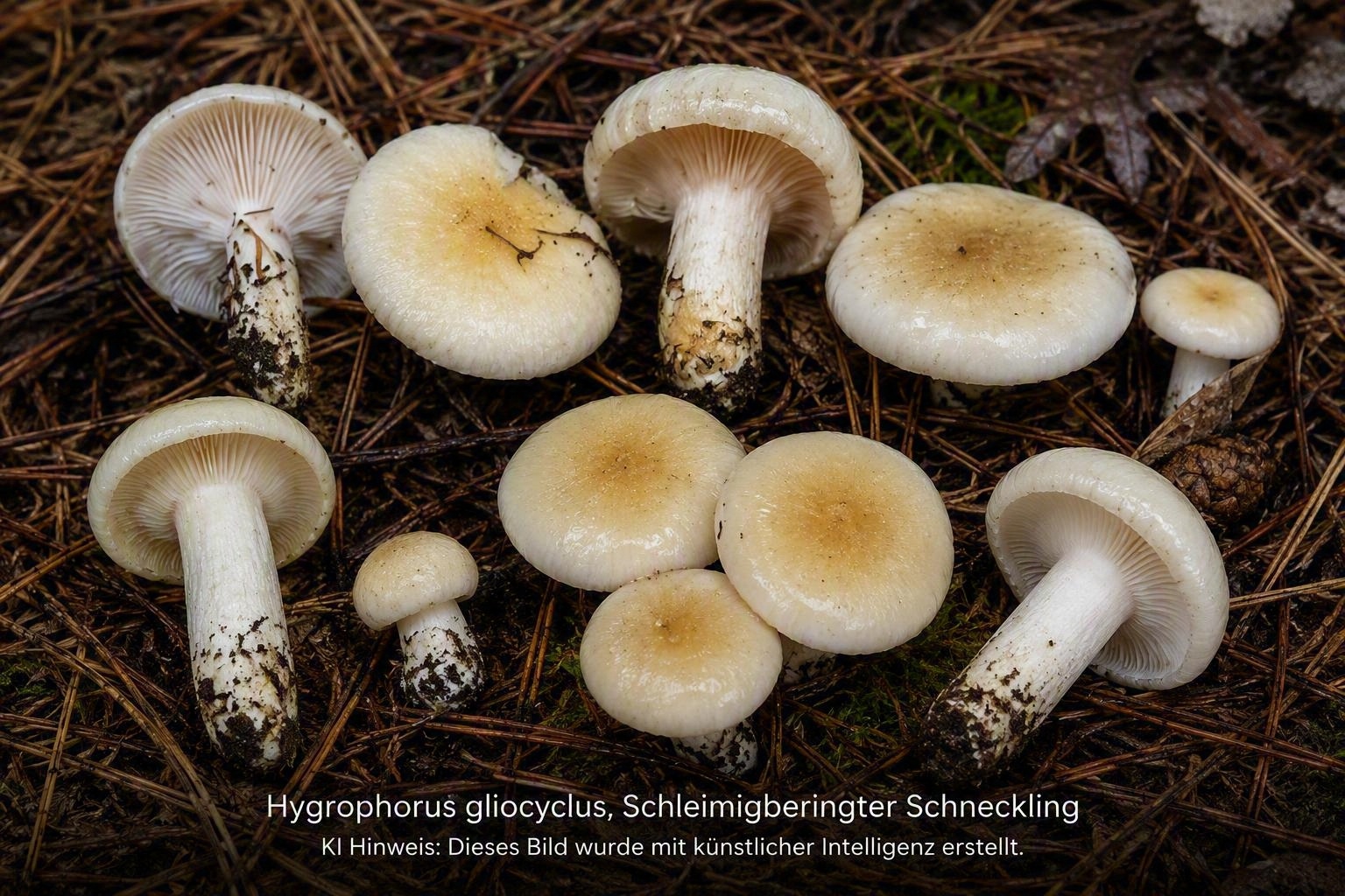 Schleimigberingter Schneckling - Bild exemplarisch, KI generiert. Dieser Schneckling wächst im Nadelwald und ist weiß-gelblich gefärbt. Es gibt eine flüchtige, schleimig-verdickte Ringzone, die markant auffällig sein kann - oft aber auch fehlt. 